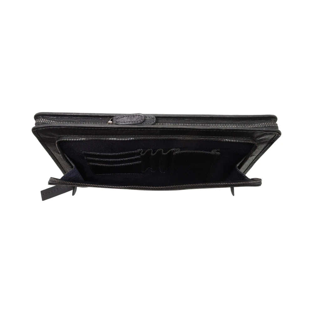 Black leather Real Leather Executive Portfolio Case with Zip Around Closure open on a white background