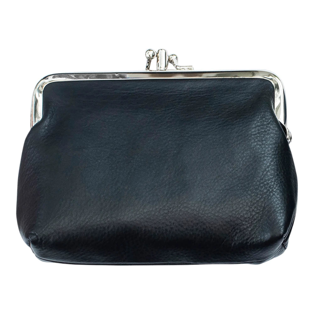 Black leather clutch bag with a silver clasp on a white background