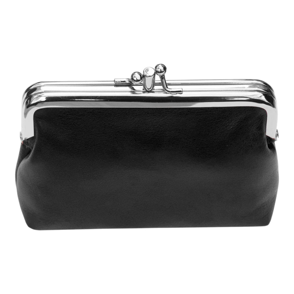 Black clutch purse with a silver clasp on a white background