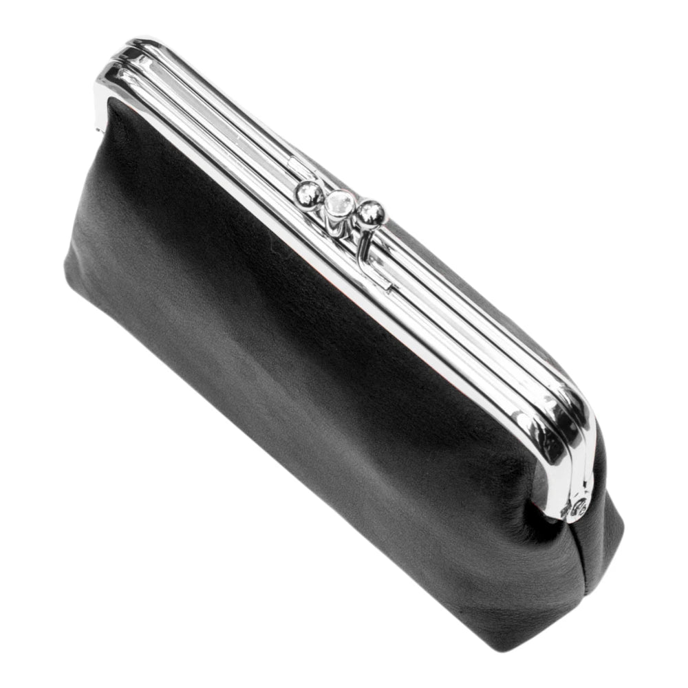 Black clutch purse with silver frame on a white background