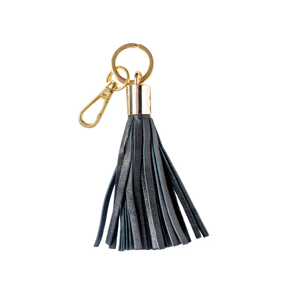 Black keychain with gold clasp on a white background