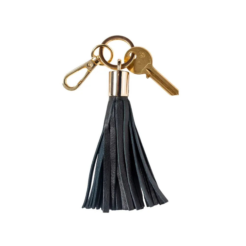 Black keychain with gold clasp on a white background