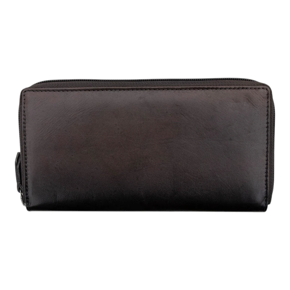 Black Leather Zip Around Purse on a white background