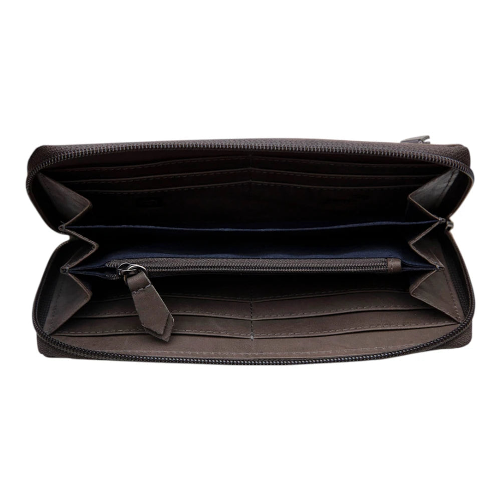 Black Leather Zip Around Purse with multiple compartments on a white background