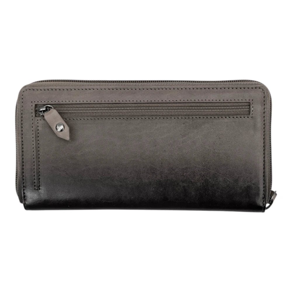 Back view of Black Leather Zip Around Purse with a zipper on a white background
