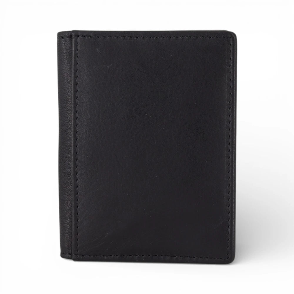 Front view of Black leather wallet on a white background