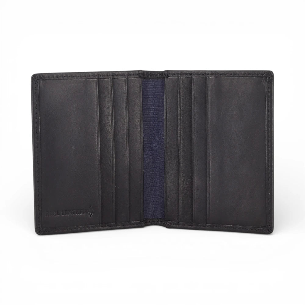 Open view of Black leather wallet open on a white background