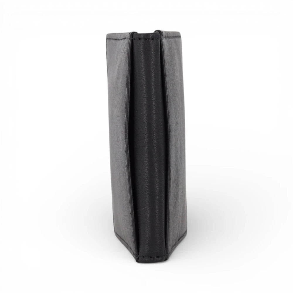 Angle view of Black leather wallet on a white background