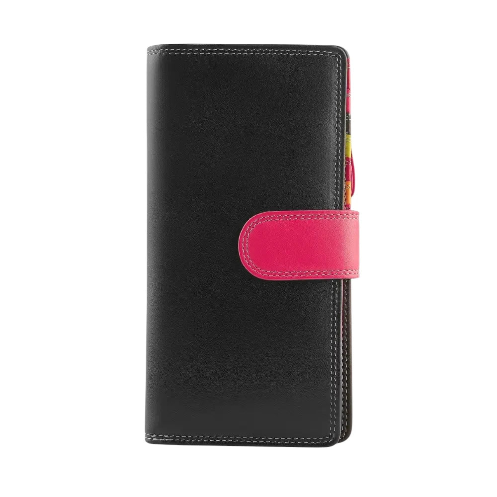 Front view of Black wallet with a pink strap on a white background