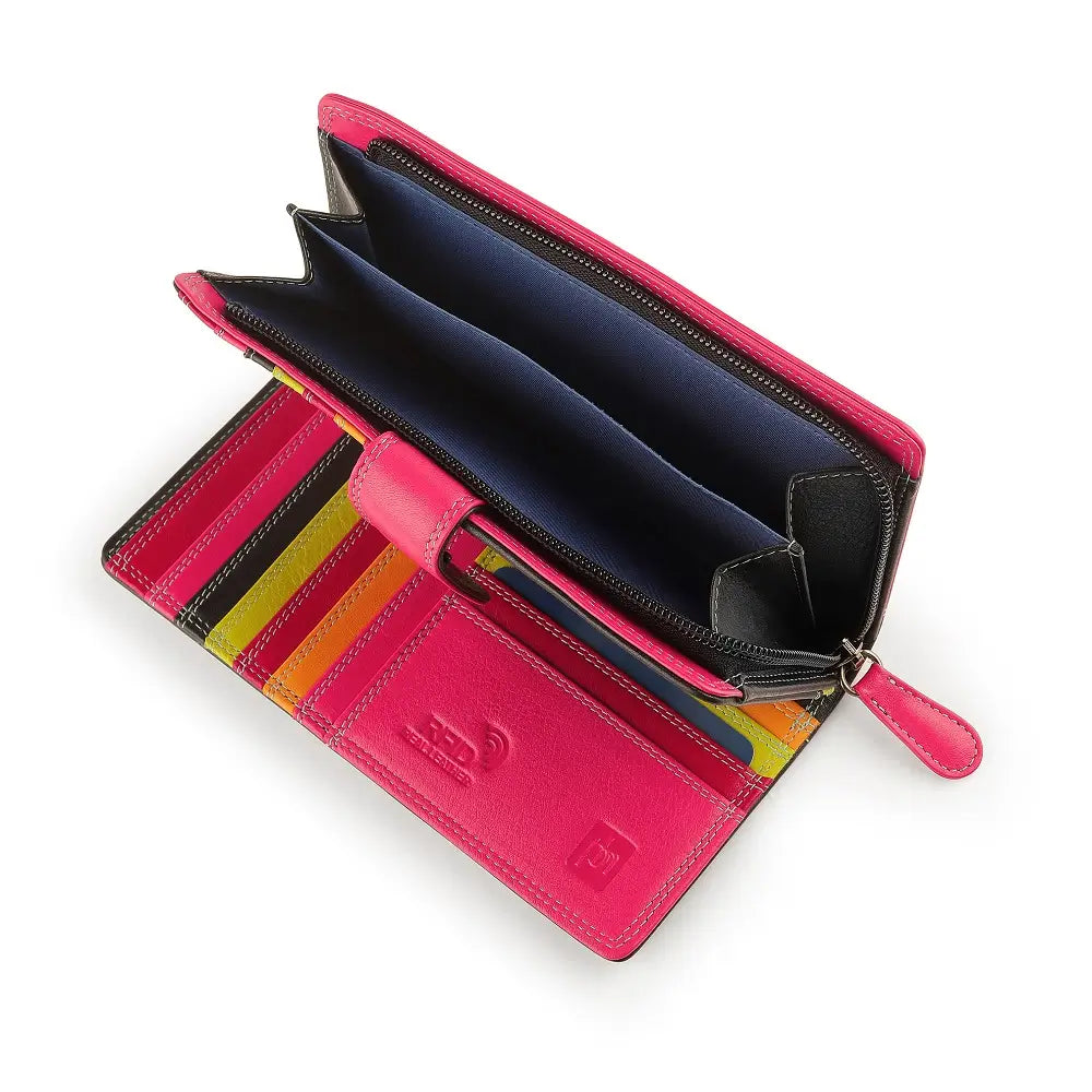 Open view of black wallet with colorful interior on a white background