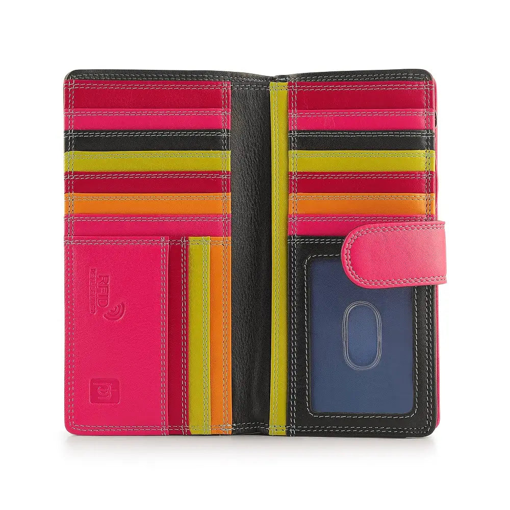 Inside view of black wallet with a brand logo on a white background