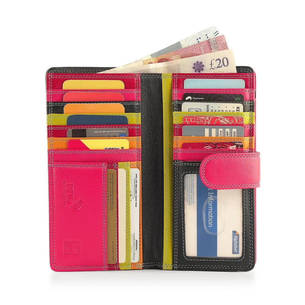 Black wallet with various cards and money on a white background