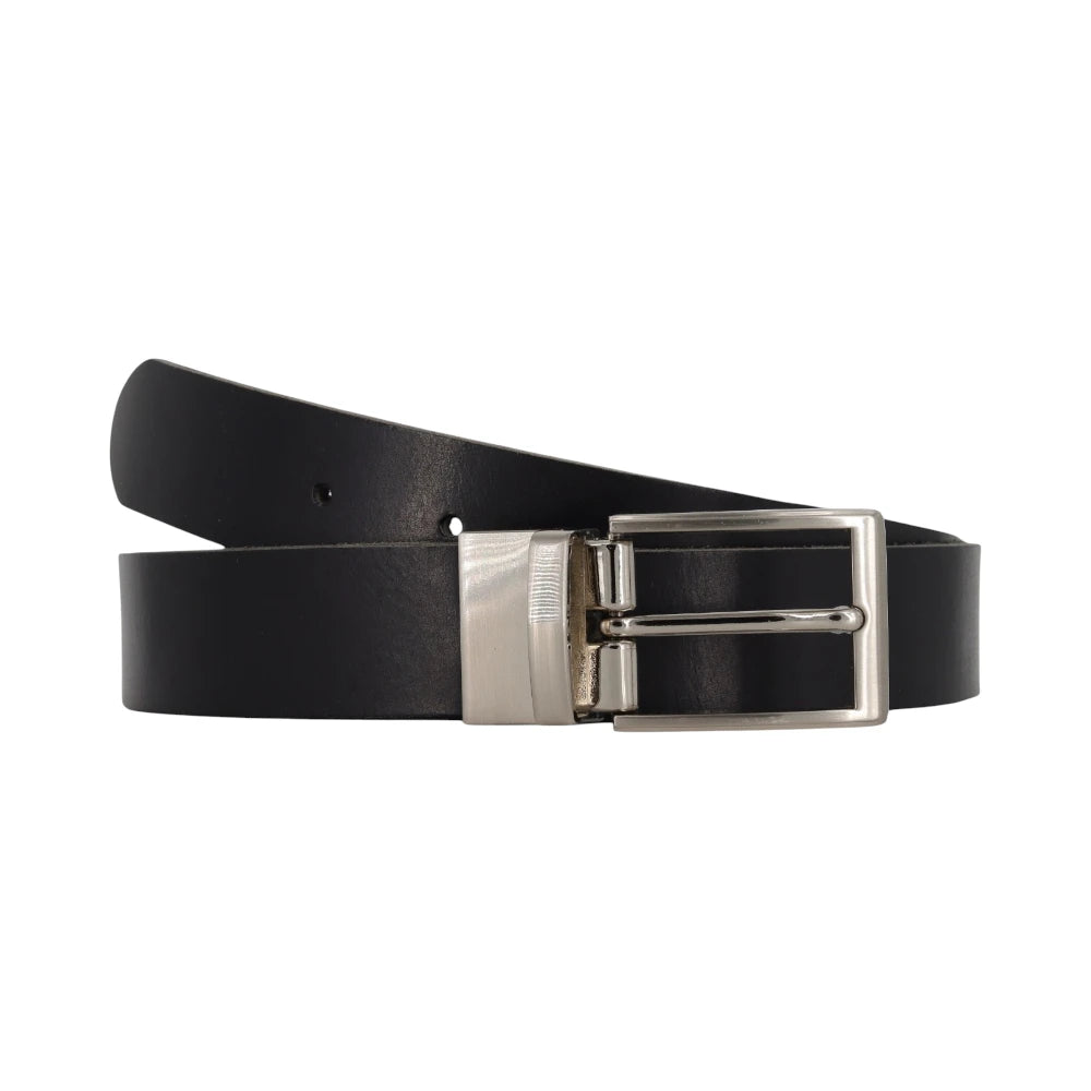 Black leather belt on a light gray background