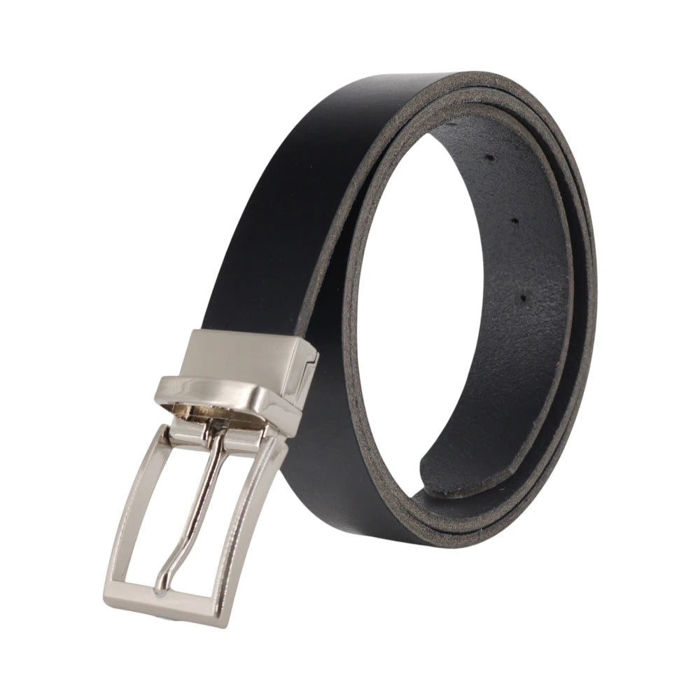 Black leather belt with a silver buckle on a white background
