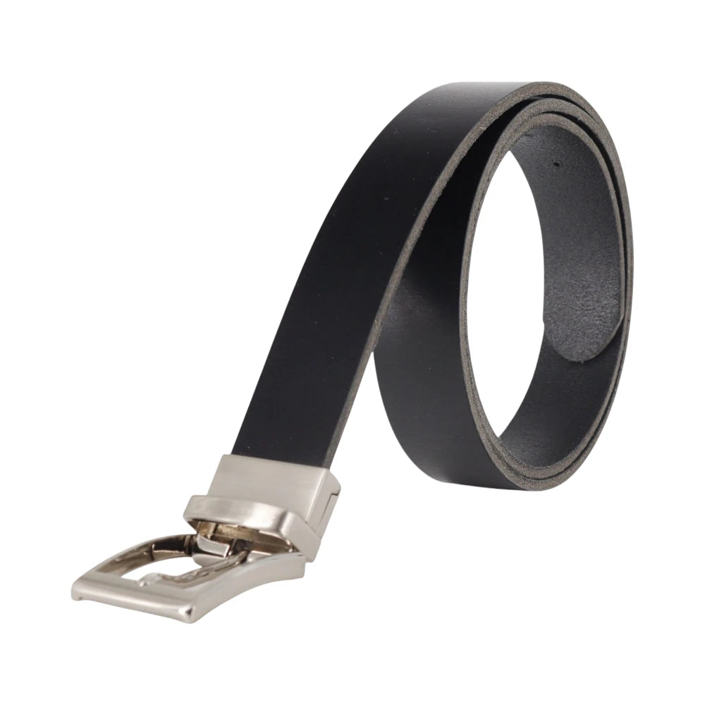 Black leather belt with a silver buckle on a white background