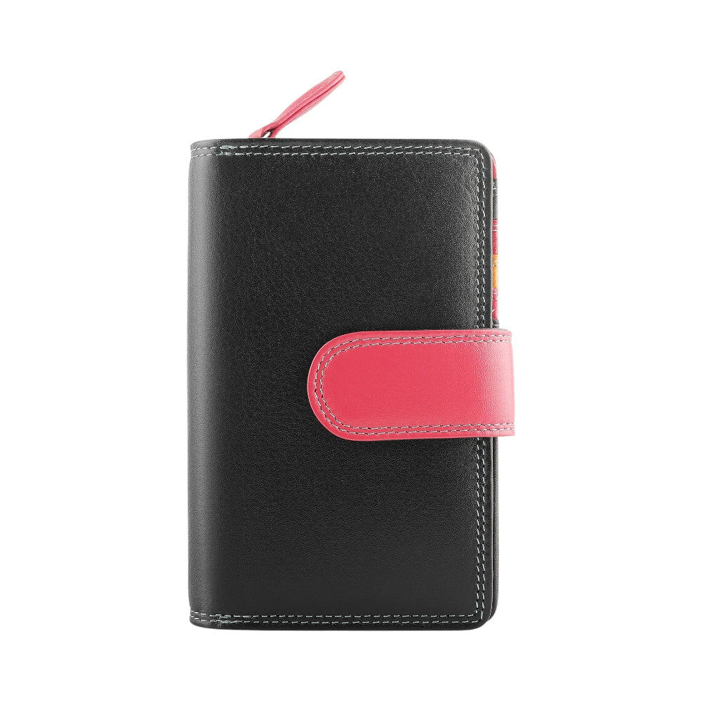 Front view of Black wallet with a pink strap on a white background