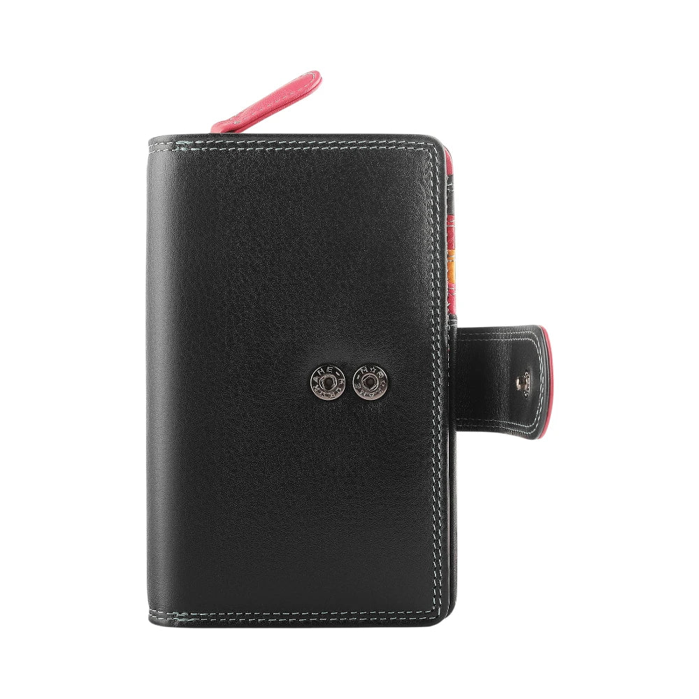 Front view of Black wallet with a pink strap on a white background