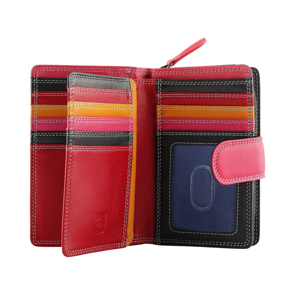 Open Black wallet with colorful interior on a white background