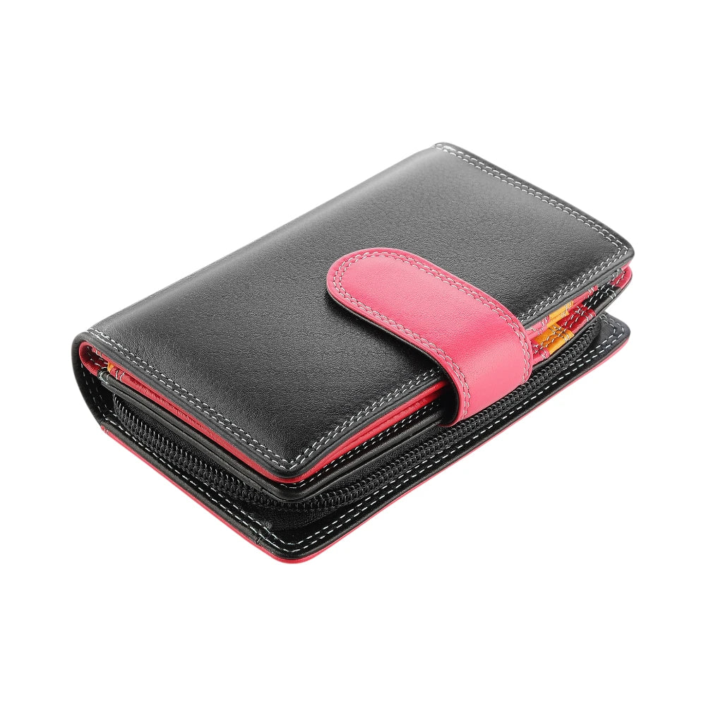 Black wallet with pink interior on a white background