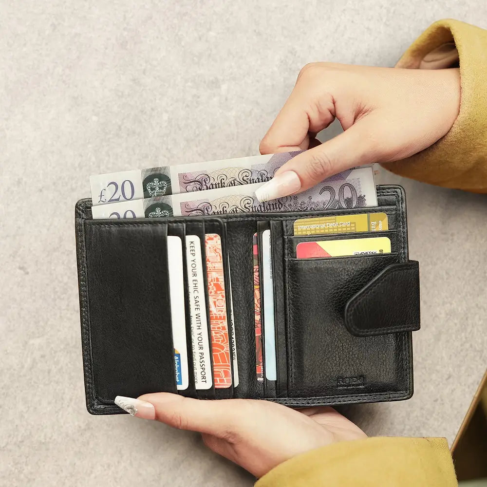 Front view of Black leather wallet on a white background