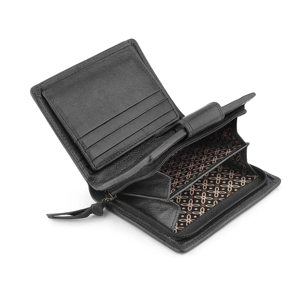 Inside view of Black leather wallet with a patterned interior on a white background