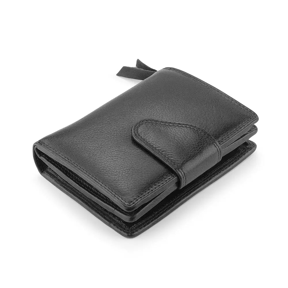 Top view of Black leather wallet on a white background