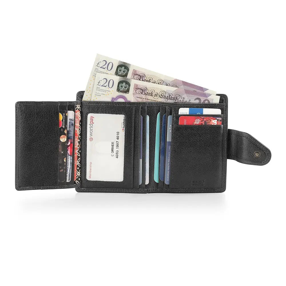 Inside view of Black wallet with cards and money on a white background