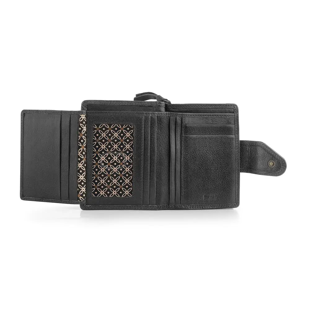 Open view of Black leather wallet with intricate pattern on a white background