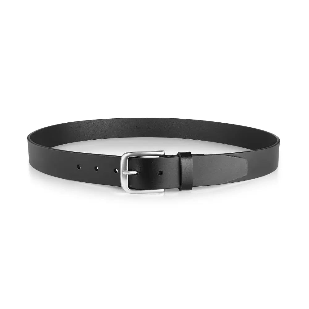 Black belt with a silver buckle on a white background