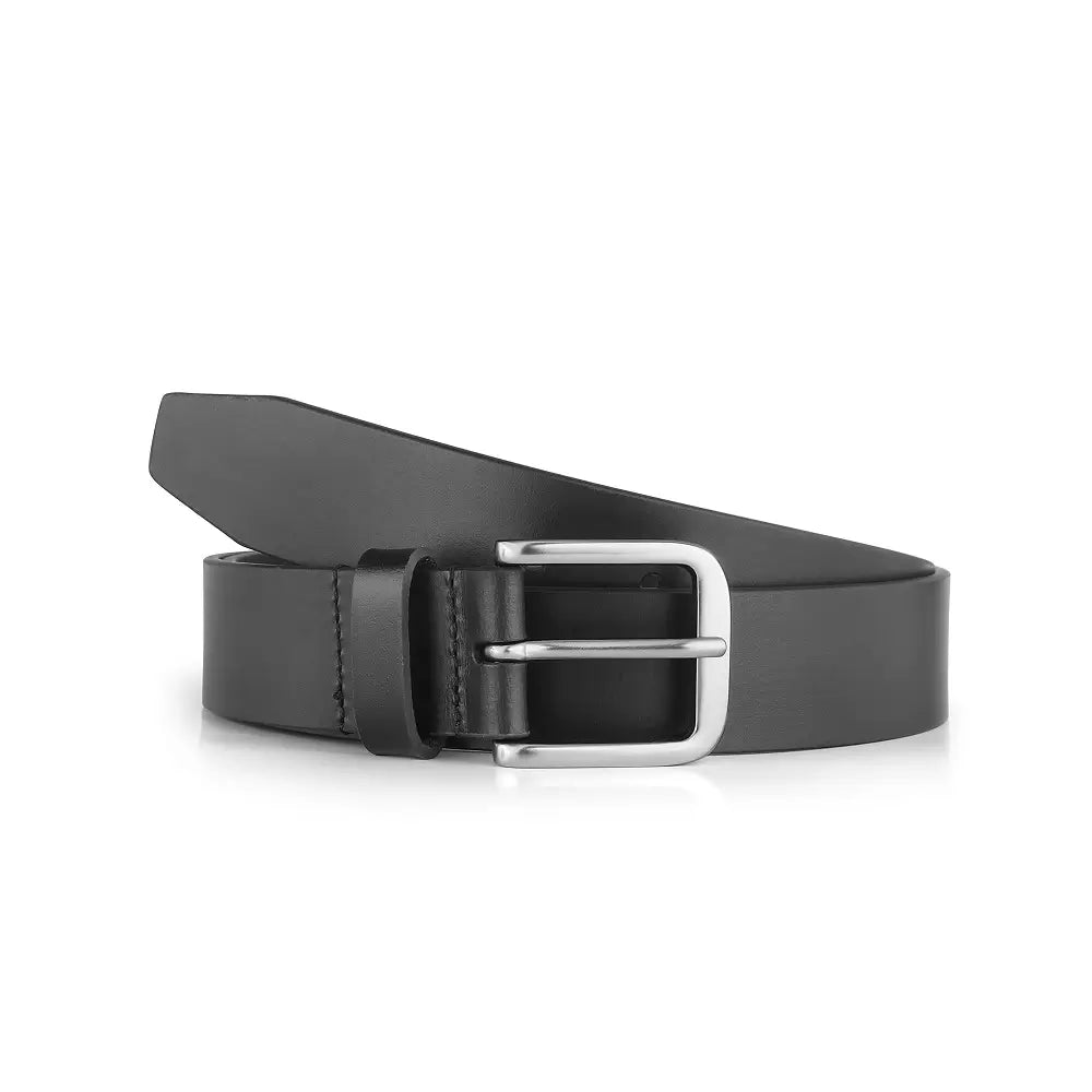 Black leather belt with a silver buckle on a white background
