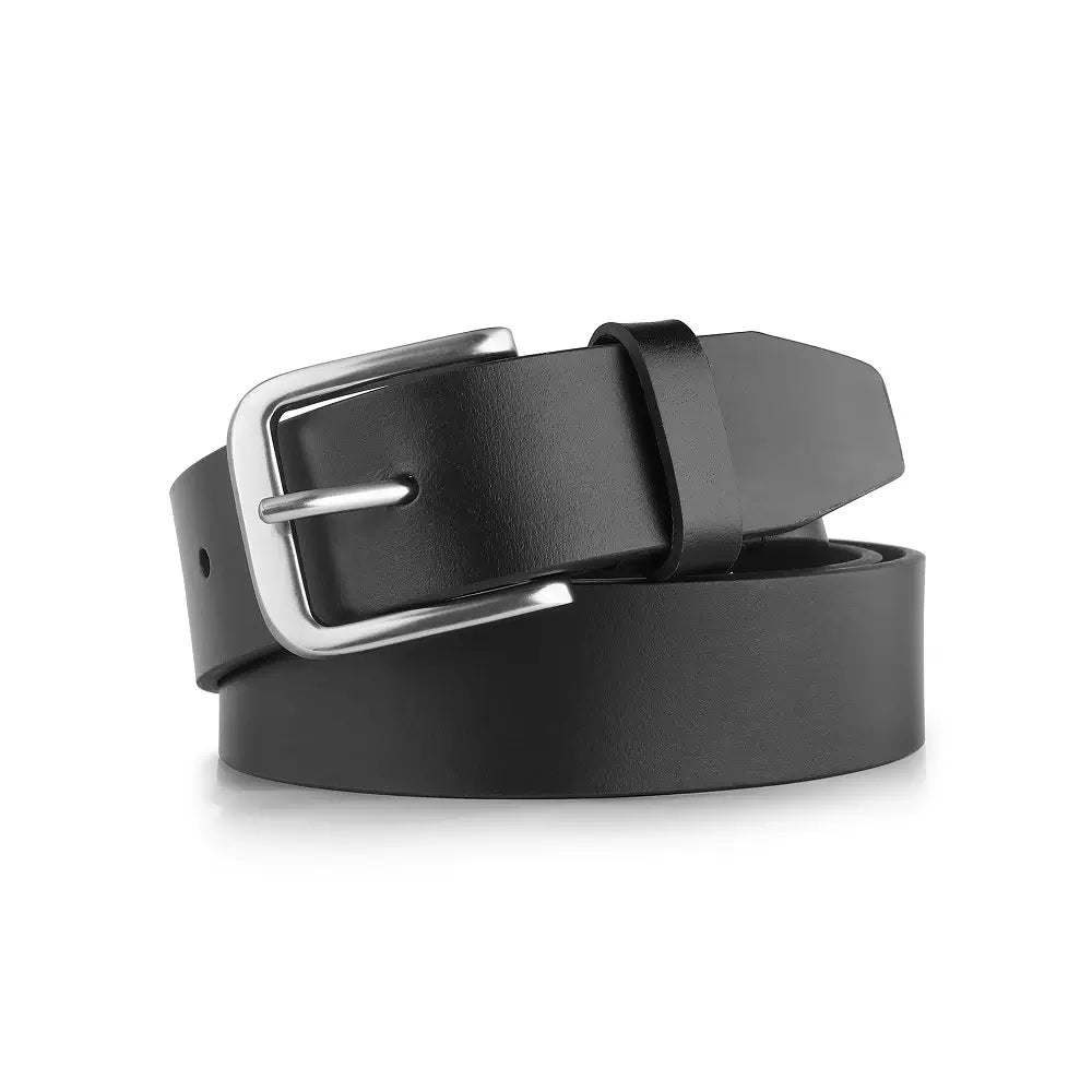 Black leather belt with silver buckle on a white background
