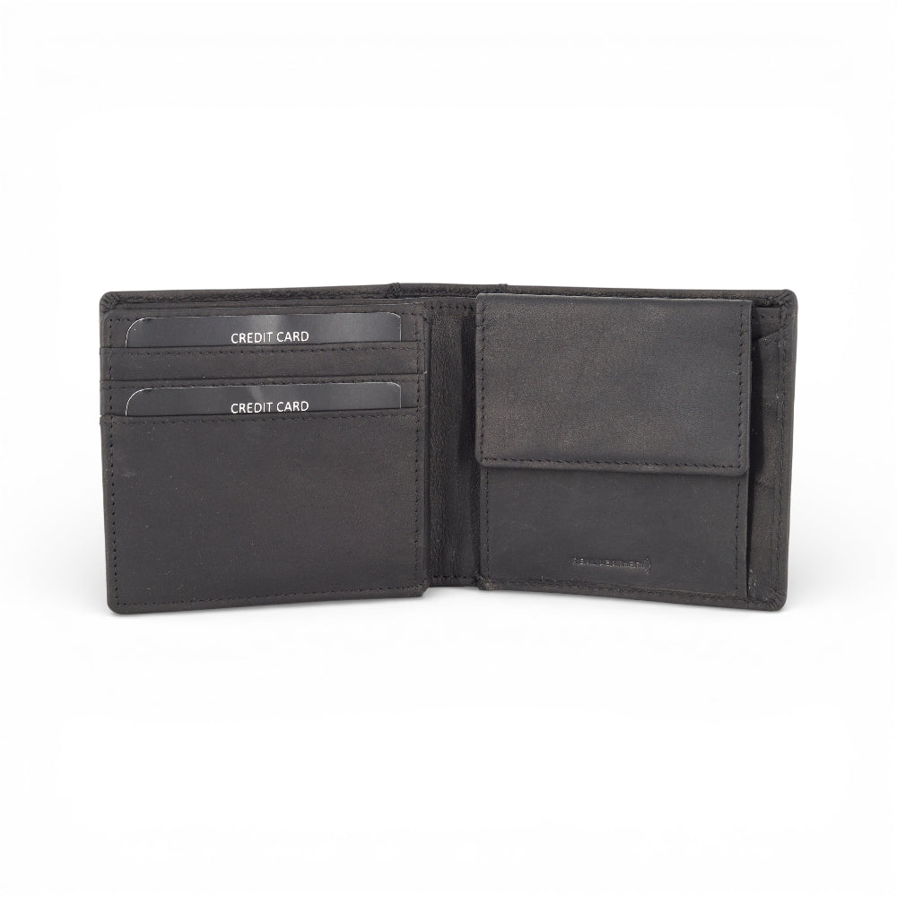 Black leather wallet with card slots on a white background