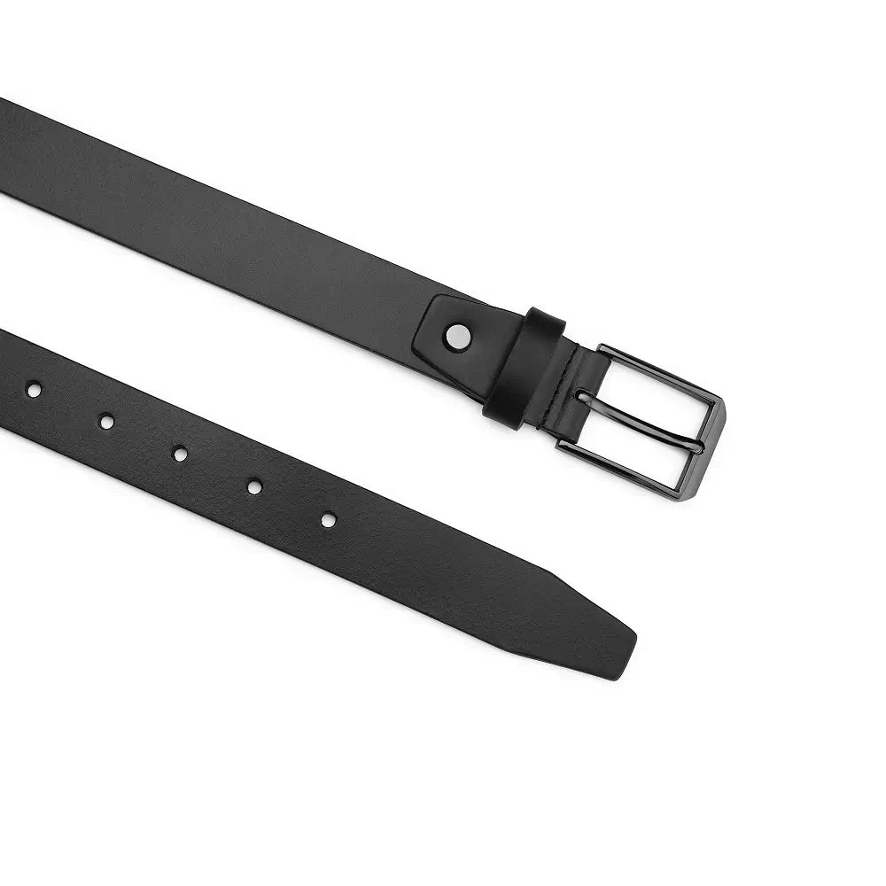 Black leather belt with a silver buckle on a white background