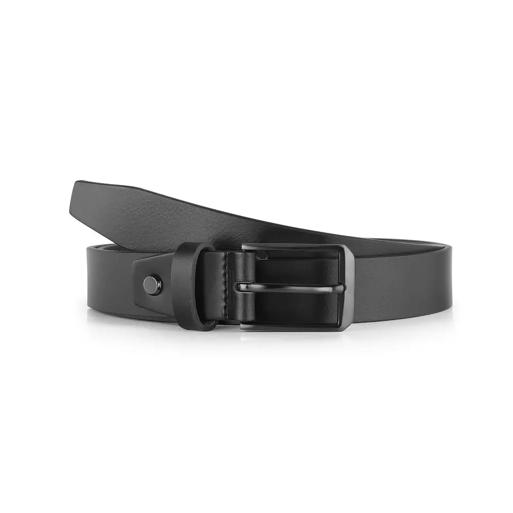 Black leather belt with a silver buckle on a white background