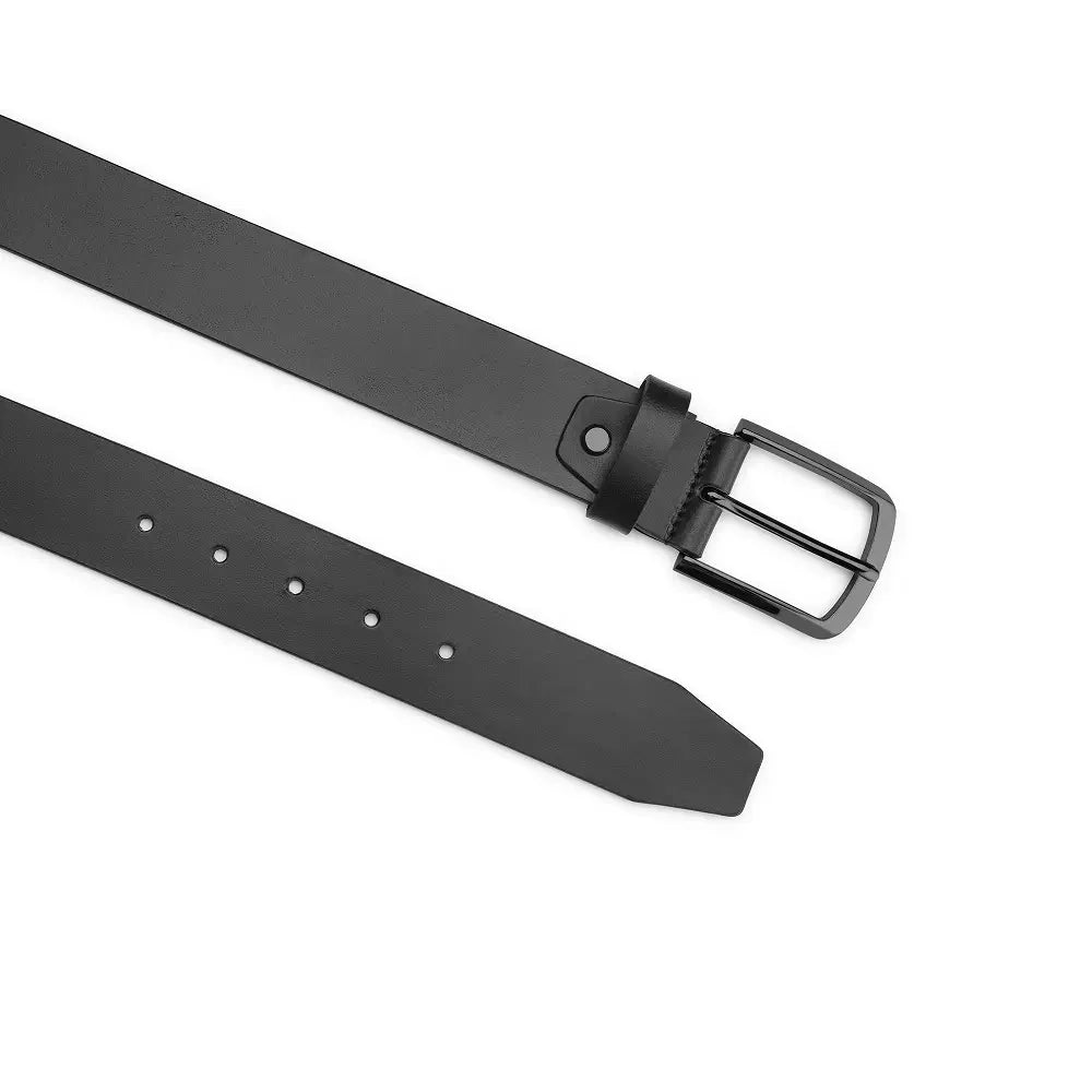 Top angle of Black leather belt with a silver buckle on a white background