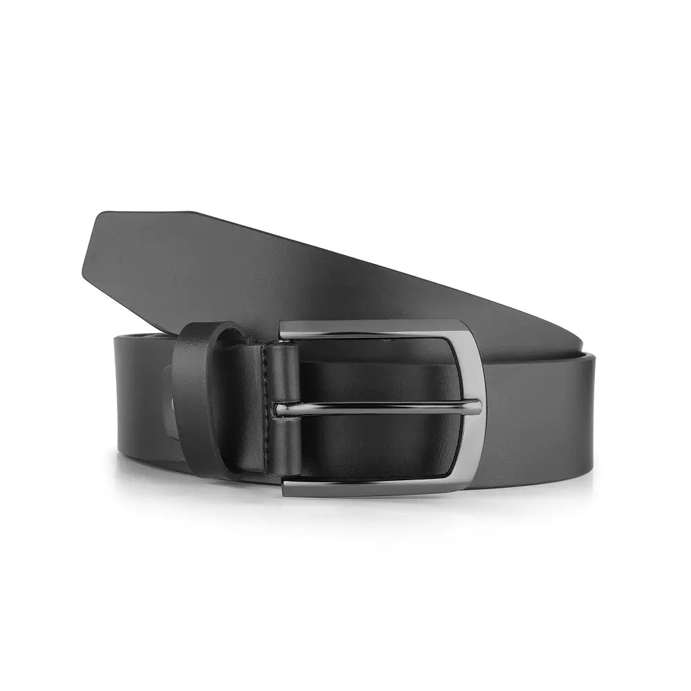Black leather belt with silver buckle on a white background