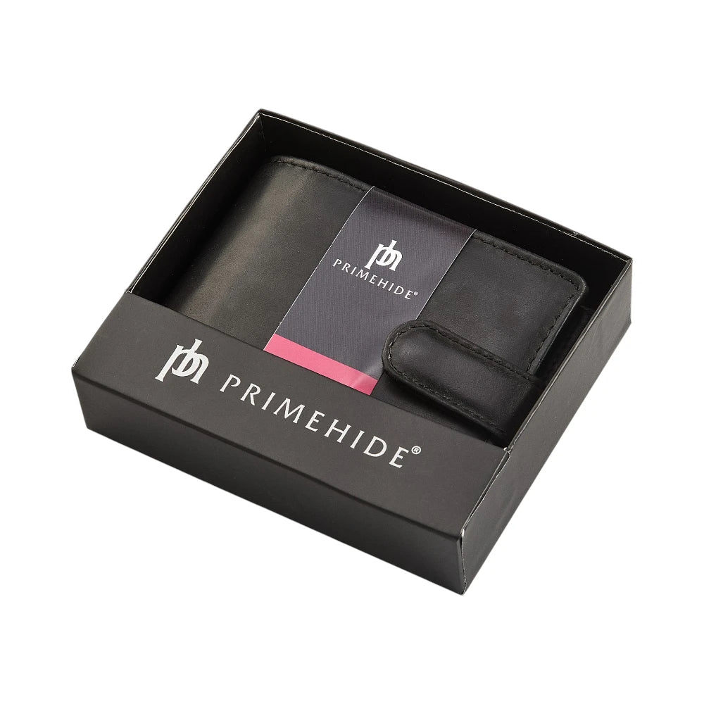 Black leather wallet in a Primehide branded box on a white background