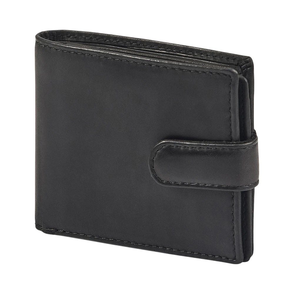 Side angle view of Black leather wallet on a white background