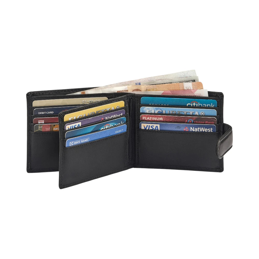 Black wallet with multiple cards displayed on a white background