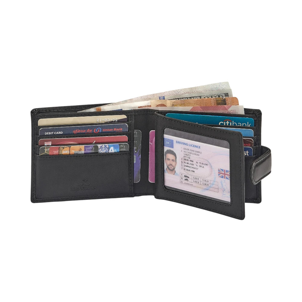 Black wallet with various cards and an ID card on a white background