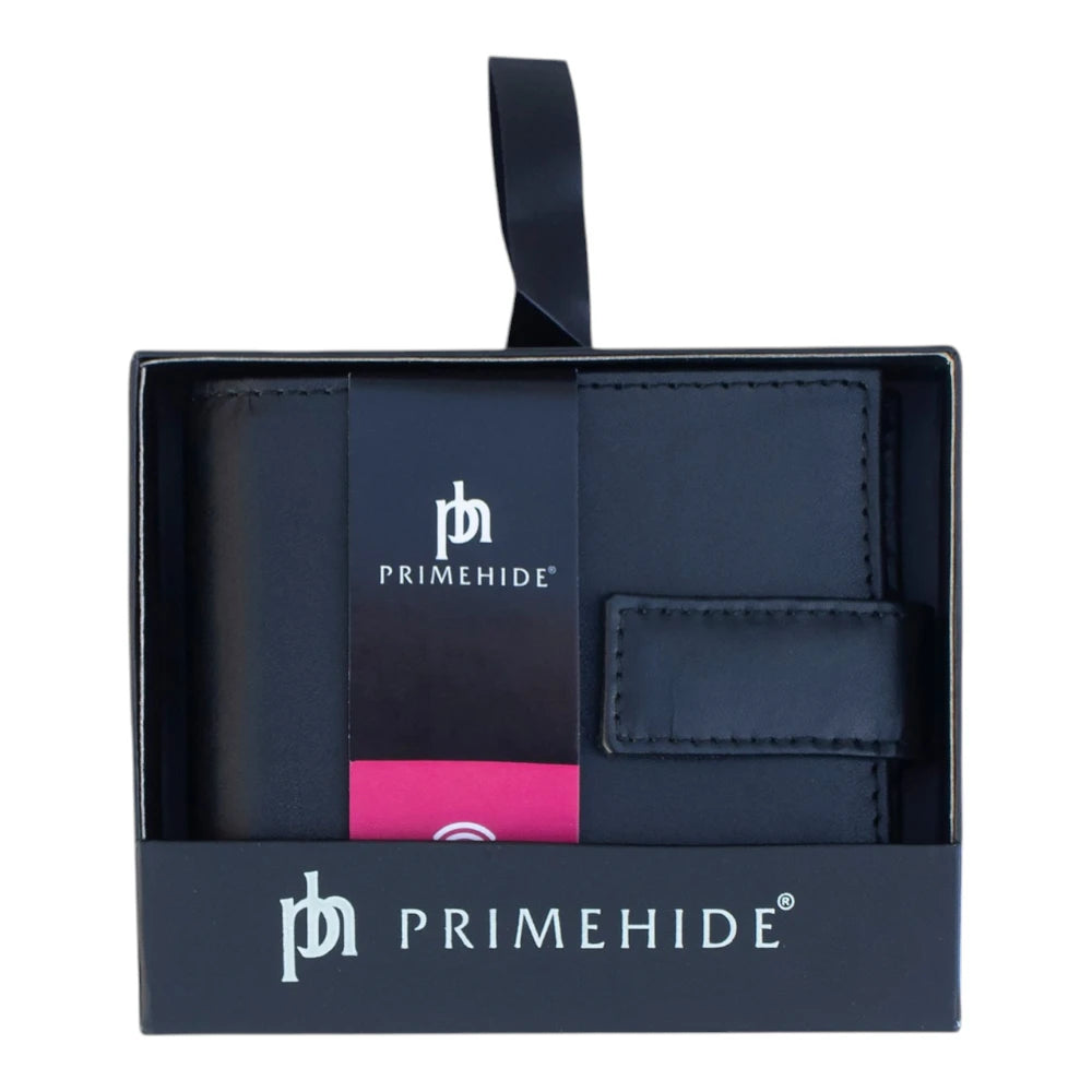 Black leather wallet with Primehide branding in a box on a white background