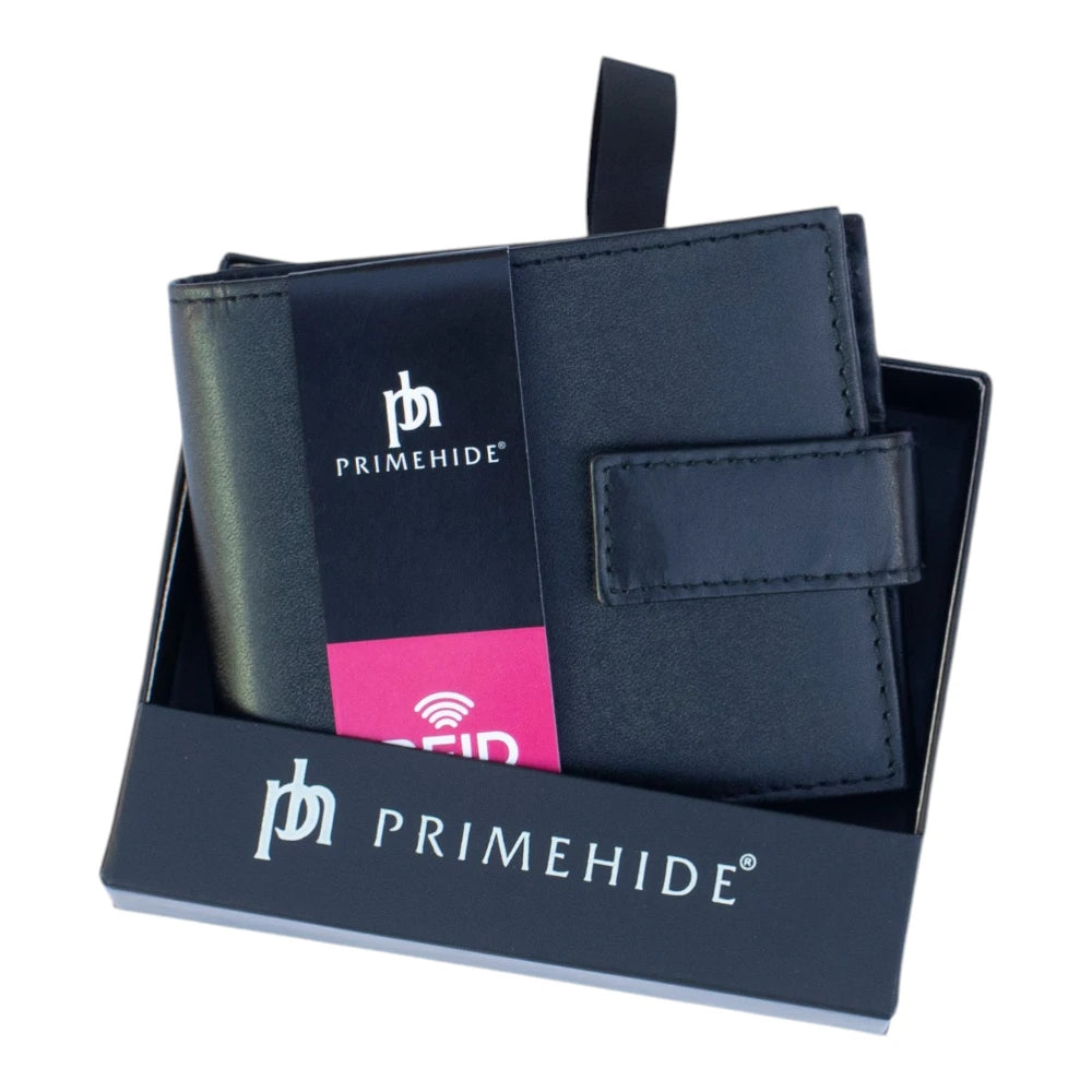 Black leather wallet with Primehide branding in packaging on a white background