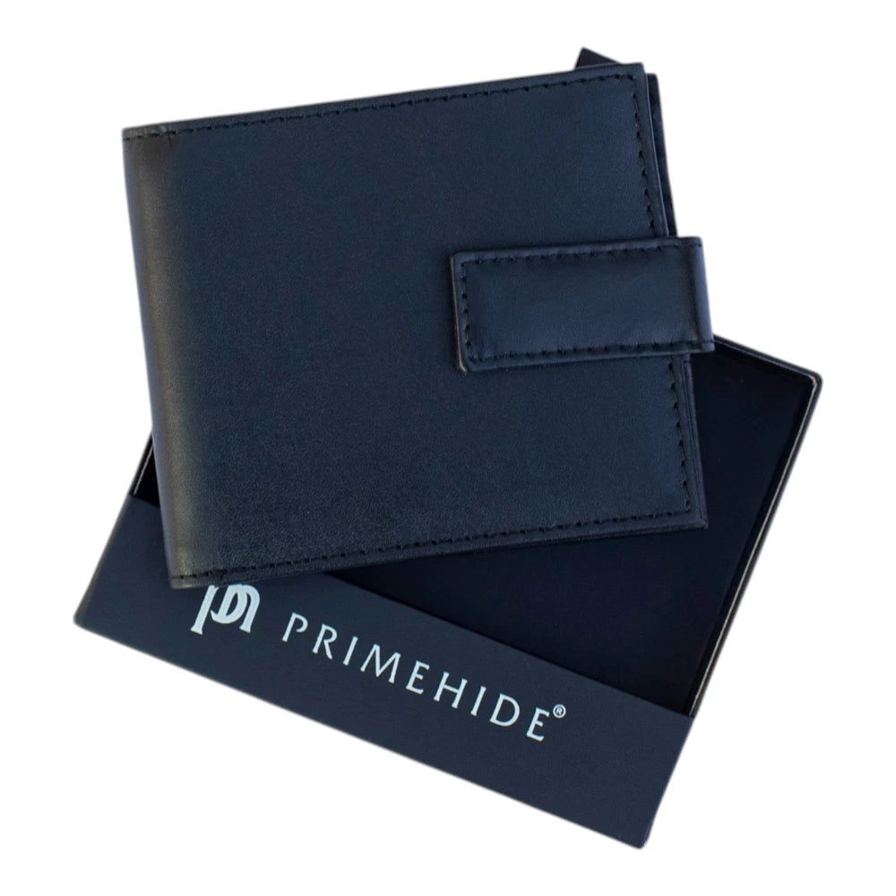 Black leather wallet on a Primehide branded box
