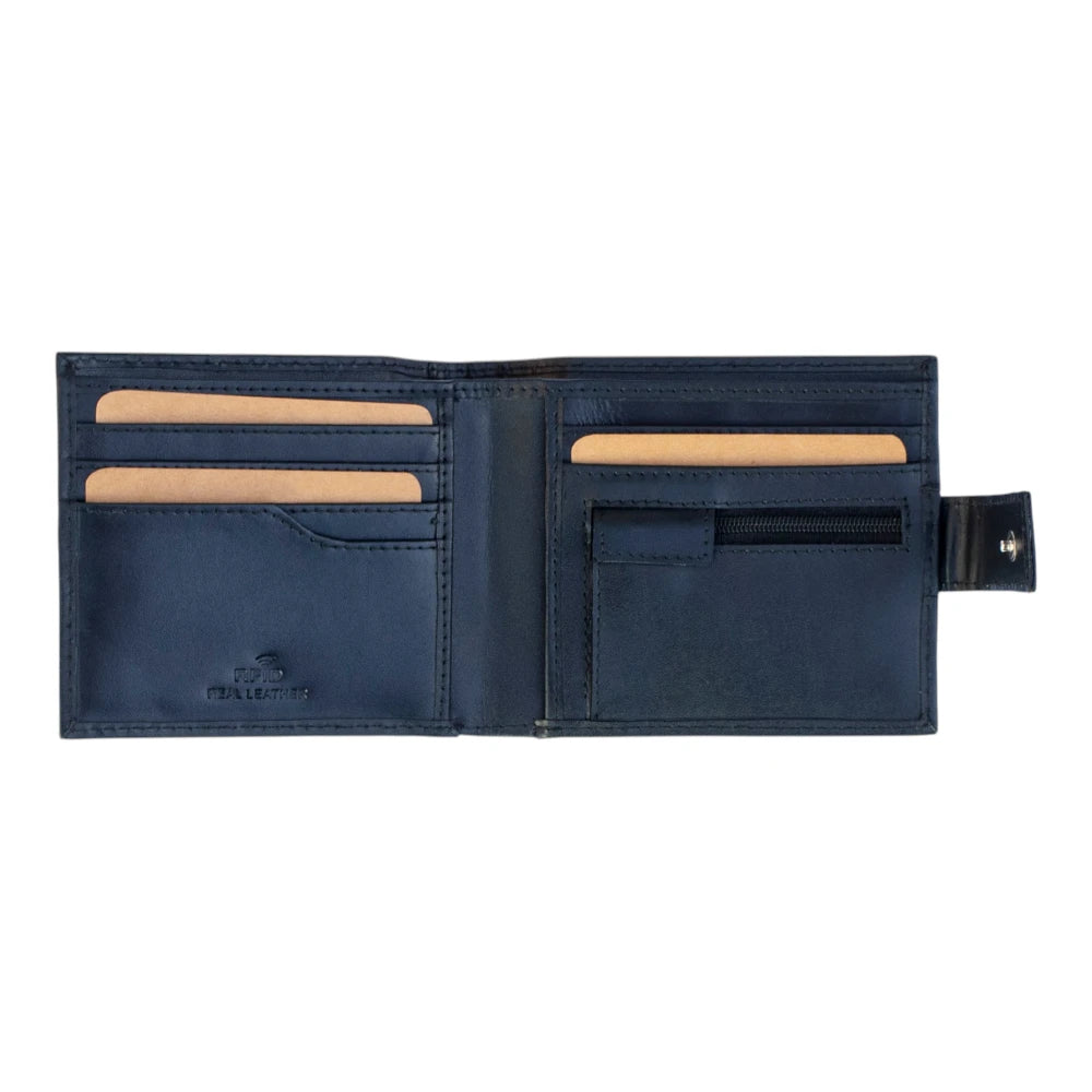 Open view of Black leather wallet with beige interior on a white background