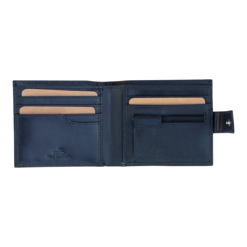 Open view of Black wallet with beige interior on a white background