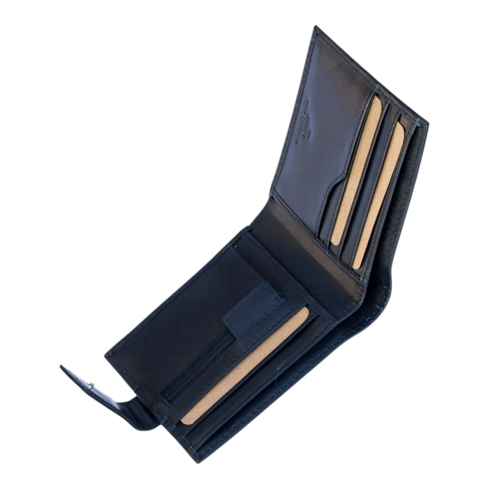Black leather wallet with beige interior on a white background