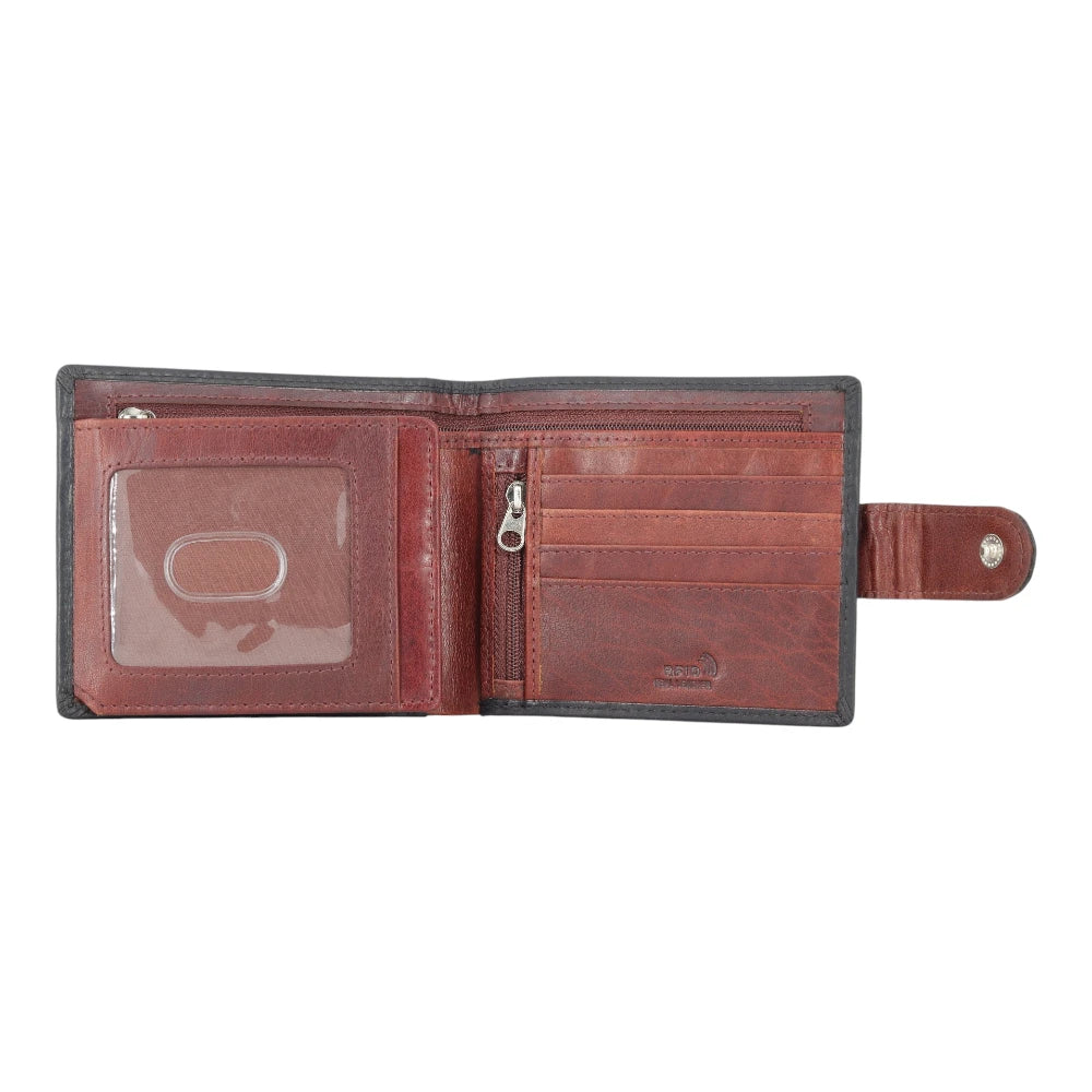 Open view of Black  leather wallet with multiple compartments on a white background