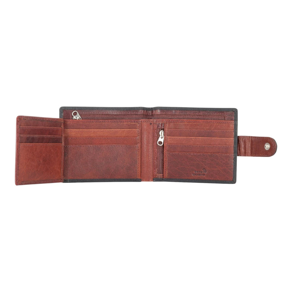 Open view of Black  leather wallet open on a white background