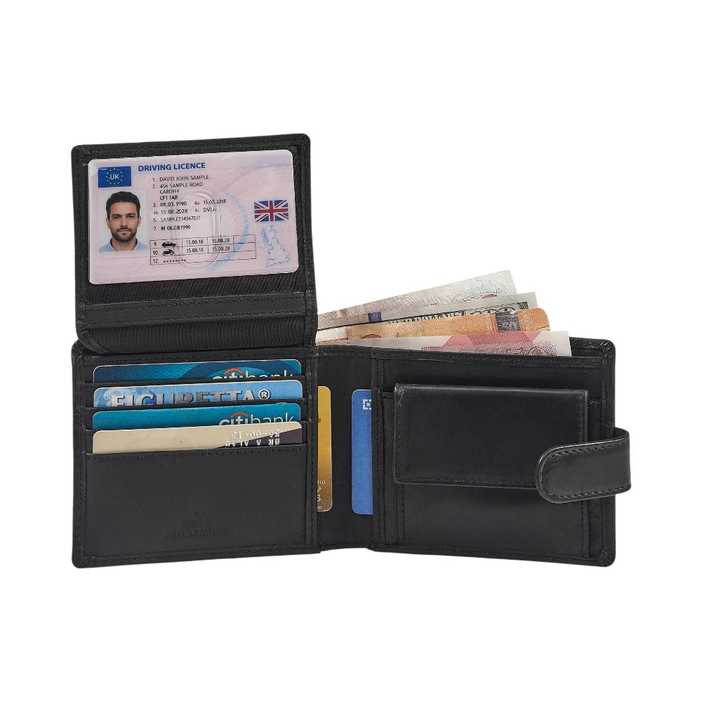 Black leather flap over wallet interior view 