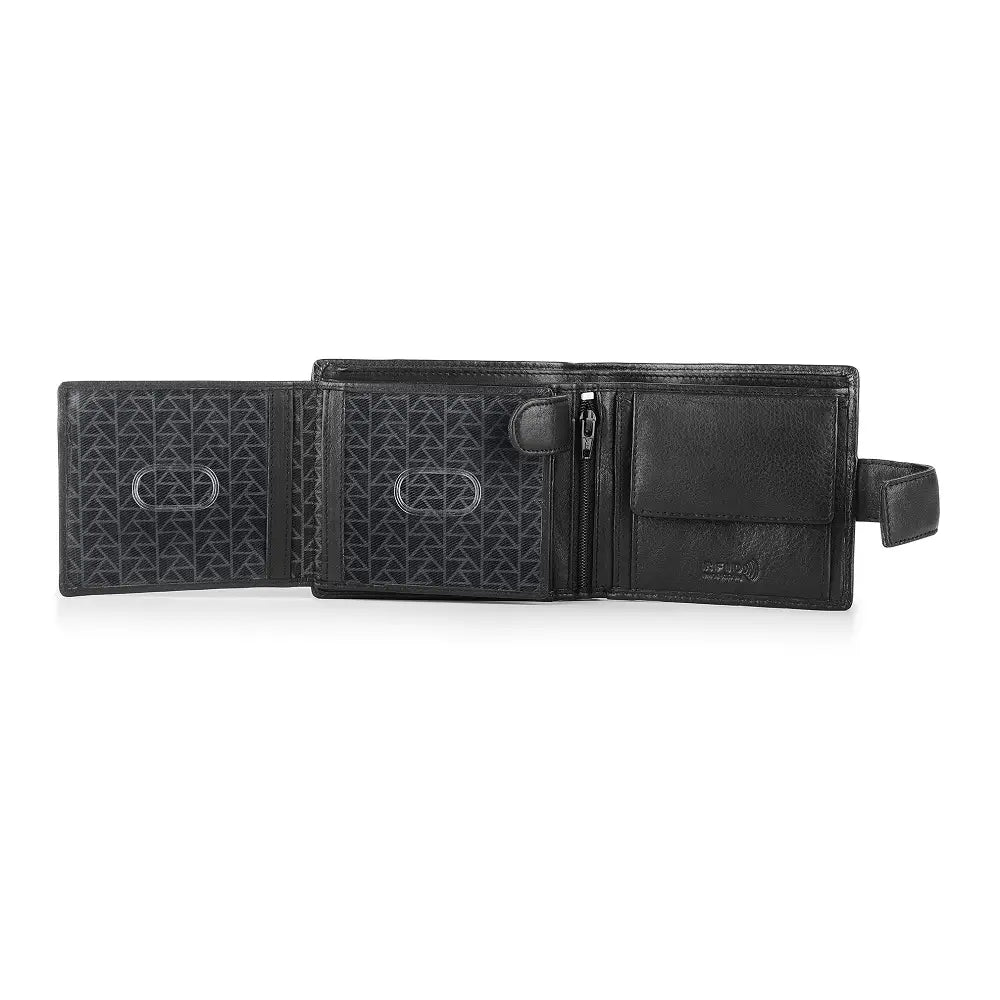 Open view of Black leather wallet  on a white background